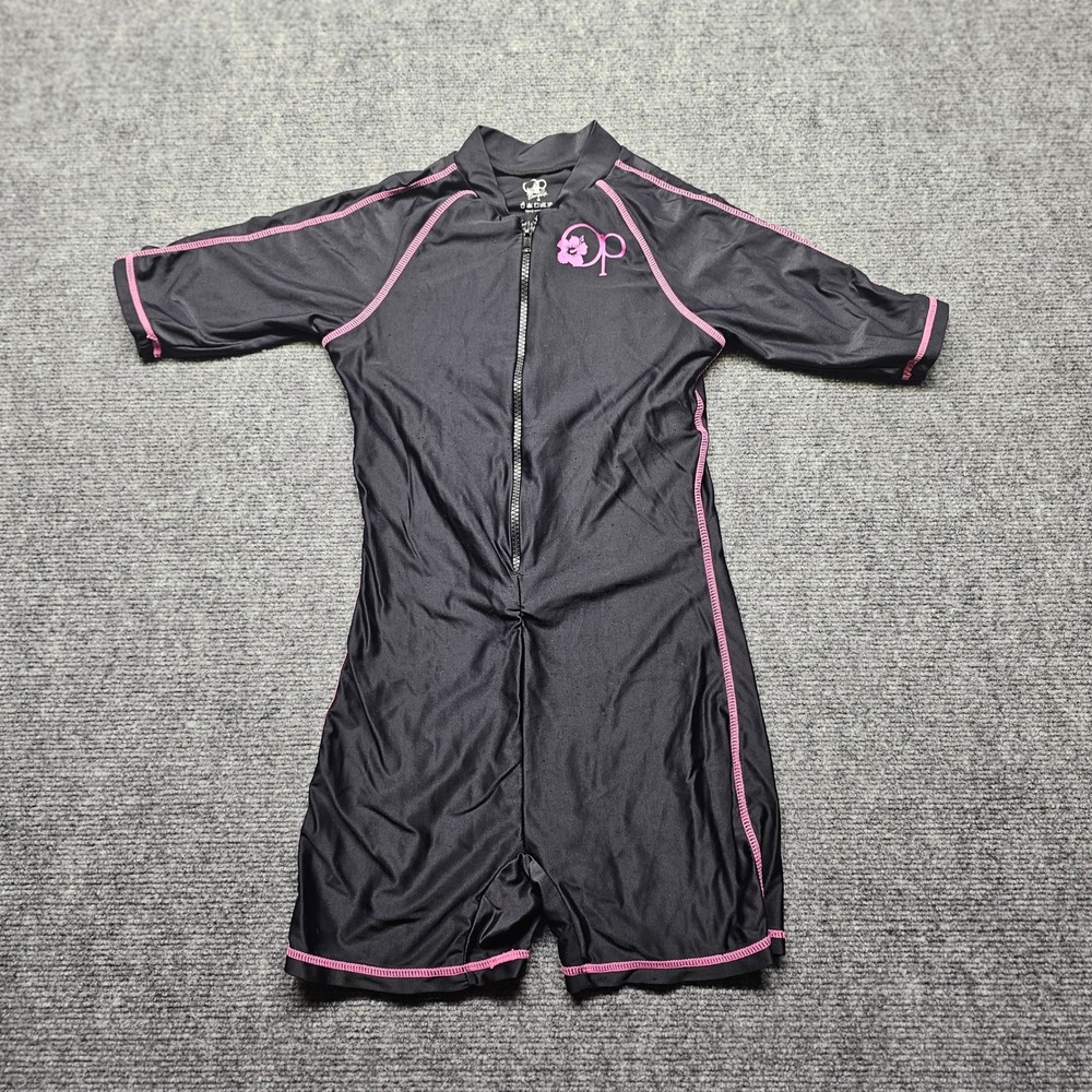 OP Ocean Pacific Girls Black Pink One Piece Swimsuit Rash Guard Size Small 6/6X